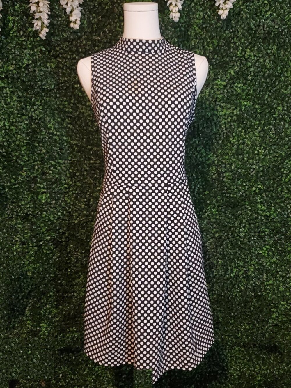 Charming Charlie Black White Polka Dot Mock Neck Pleated Dress Pockets M